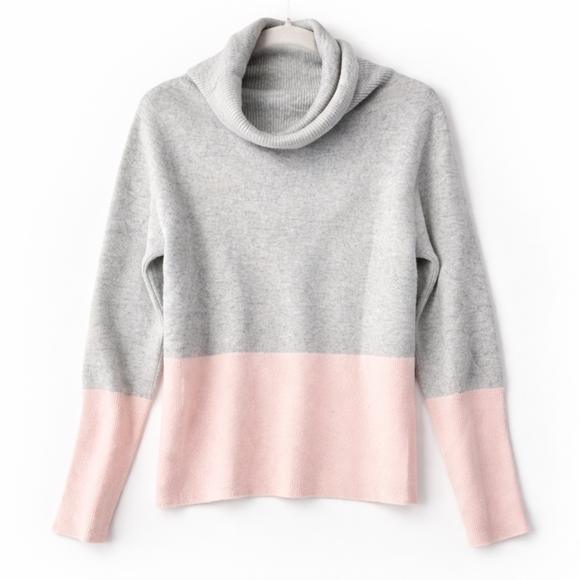 Esthēme 100% Cashmere Colorblock Cowl Neck Sweater Heather Gray Blush Pink - Picture 2 of 14